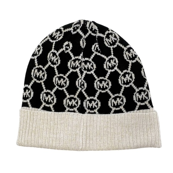 Michael Kors Hat MK Logo Black Cream & Gold Metallic Knit Winter Beanie NWT New - Picture 2 of 8